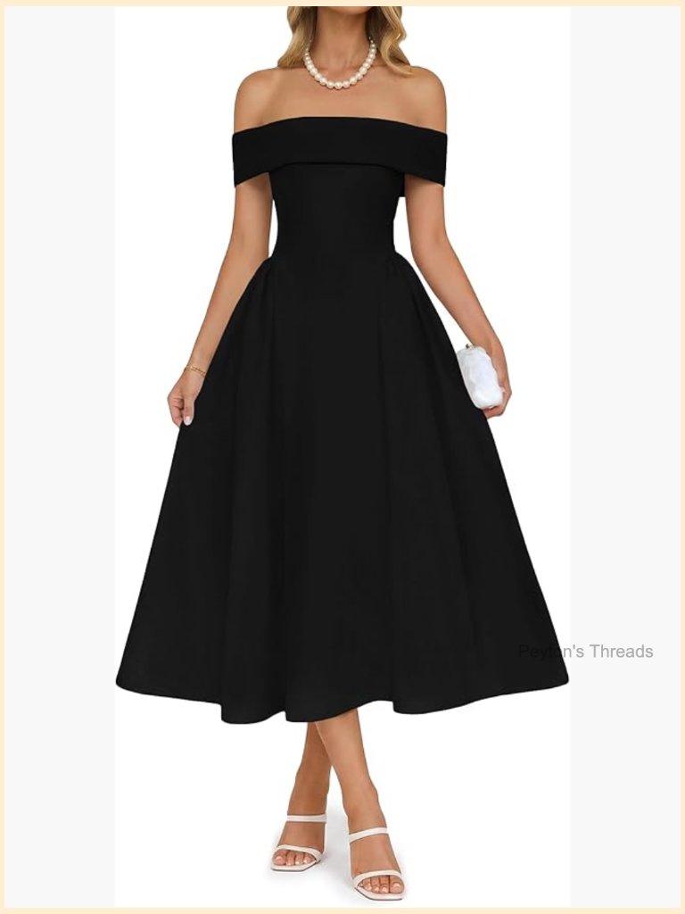 Off Shoulder Short Sleeve A-Line Midi Dress - Elegant Wedding Guest Cocktail